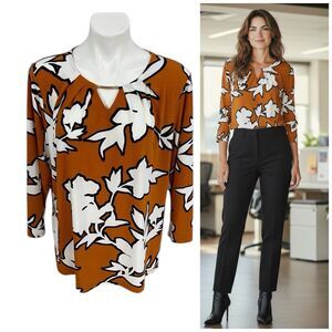 Liz Claiborne Top Womens XL Yellow Gold Blouse Floral Knit Work Office Career